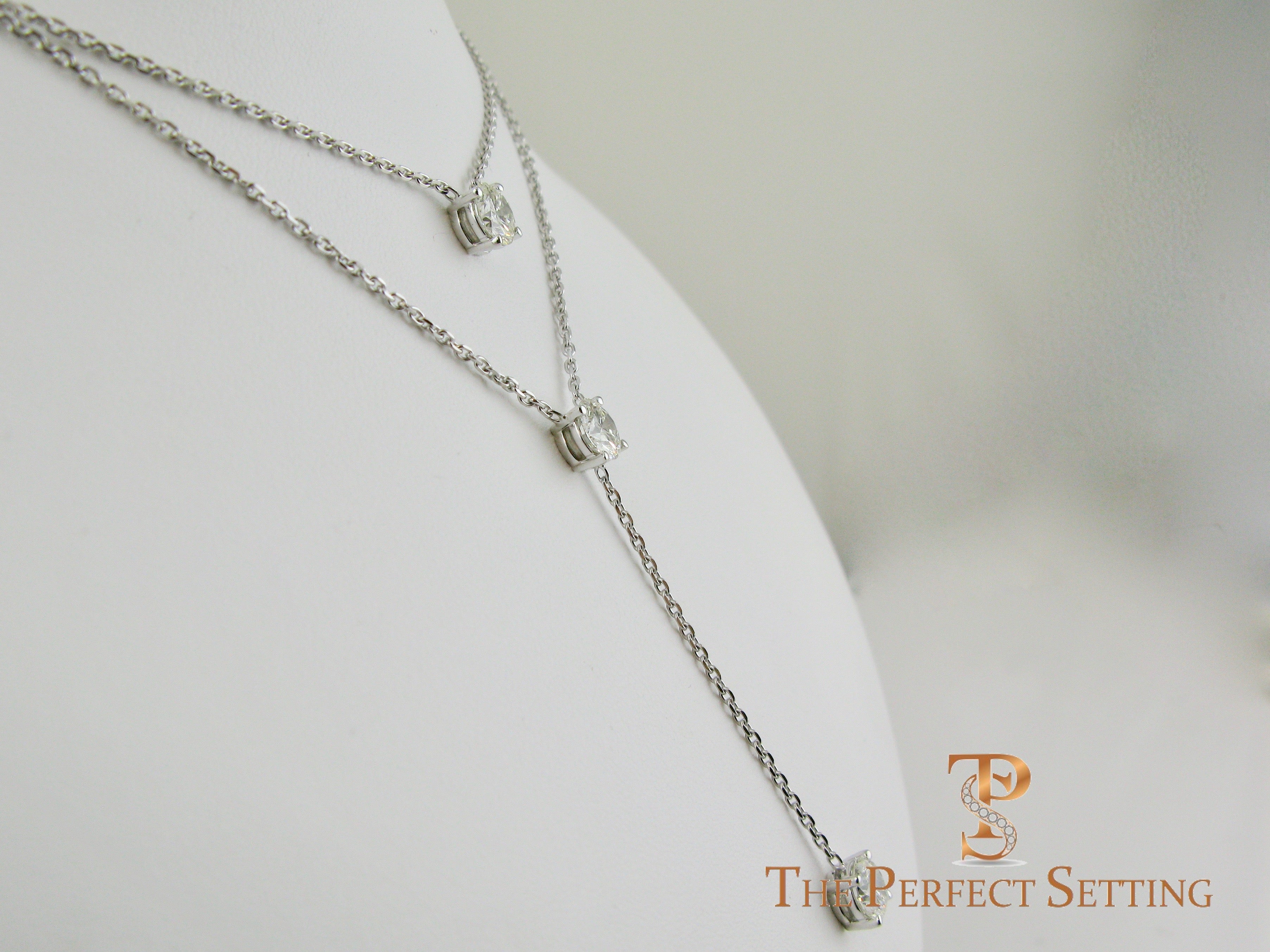 Three Stone Diamond Lariat Necklace on 18K White Gold Chain