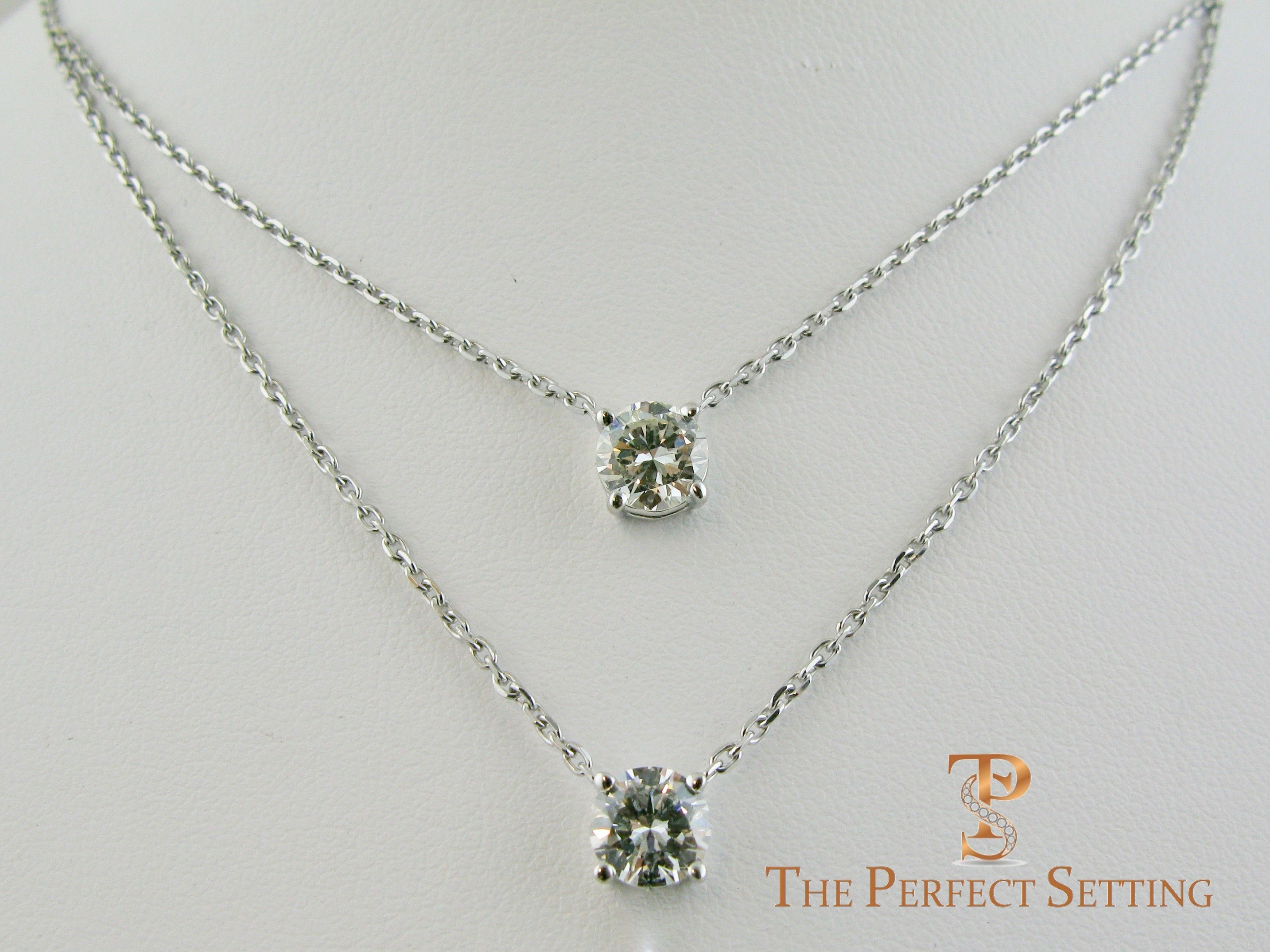 Three Stone Diamond Lariat Necklace on 18K White Gold Chain