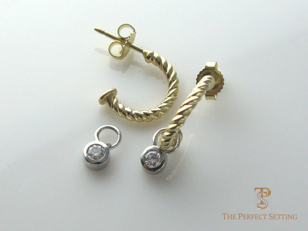 gold hoop earrings with diamond drop bezel set