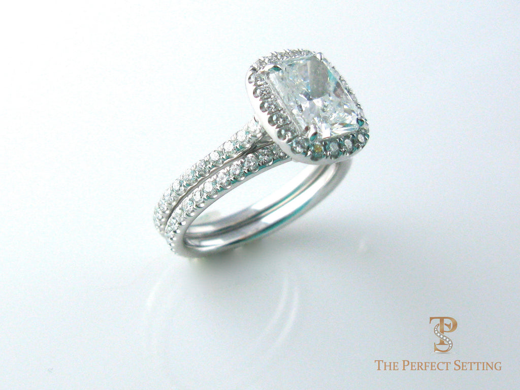 Radiant Cut Diamond Halo Ring with wedding band