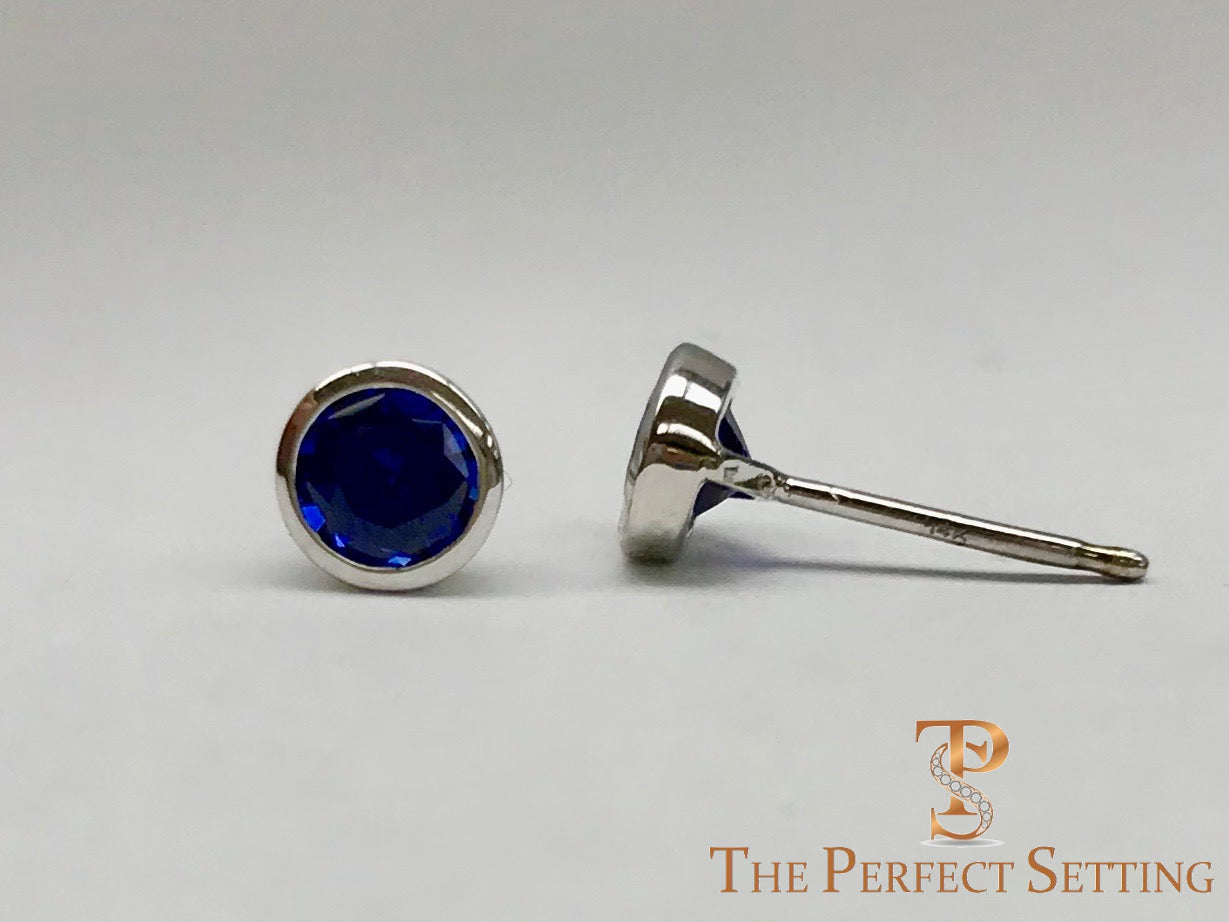 Lab Created Sapphire Stud Earrings Bezel Set in 14K White Gold