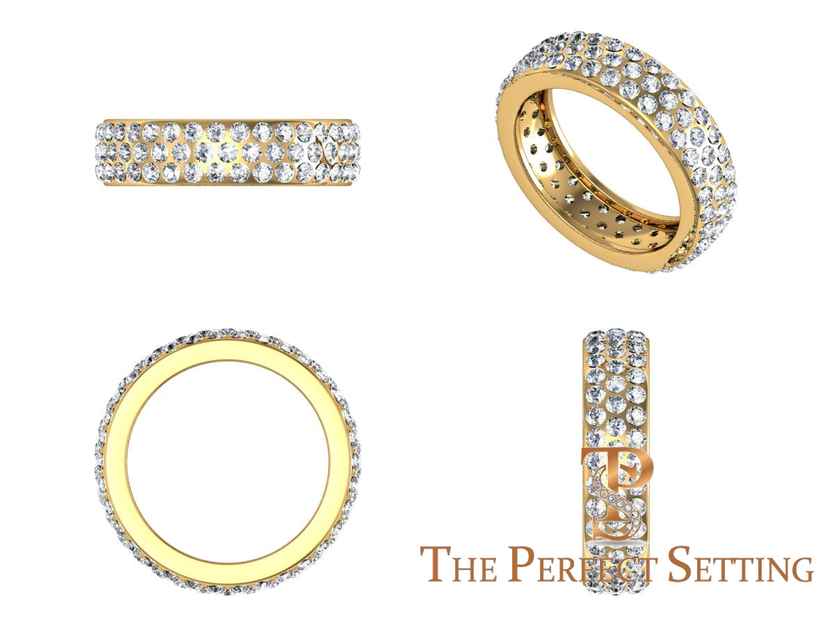 Pave Diamond 3 Row Ring 18K yellow gold 2.70 ctw