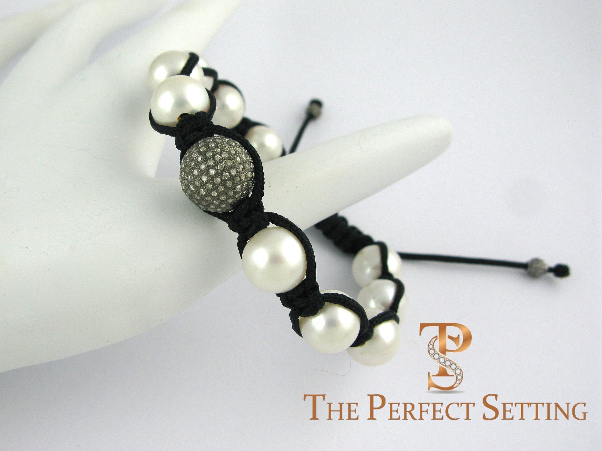 pearl pave diamond macrame bracelet on hand