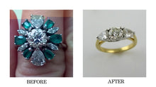 Load image into Gallery viewer, Before and After 1950&#39;s cocktail ring becomes three stone engagement ring