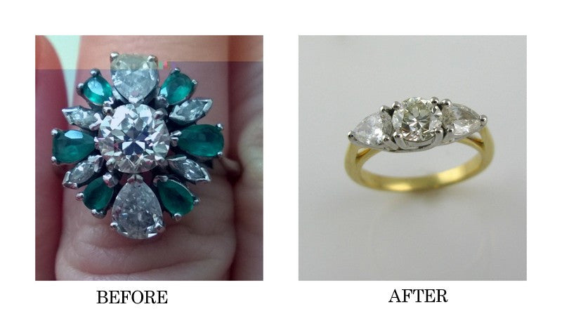 Before and After 1950's cocktail ring becomes three stone engagement ring