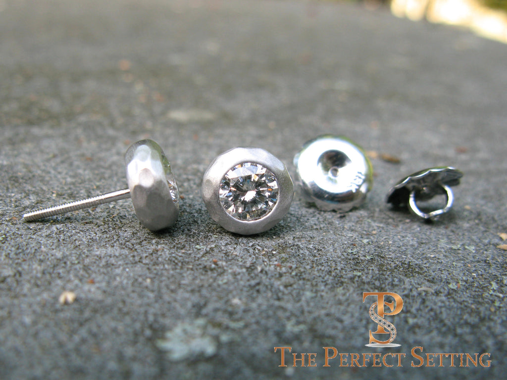 Rustic Diamond Studs Hammered Bezel Setting Yellow Gold