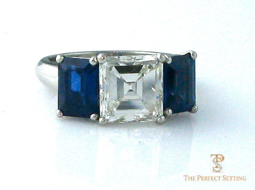 Square Diamond and Sapphire Engagement Ring 