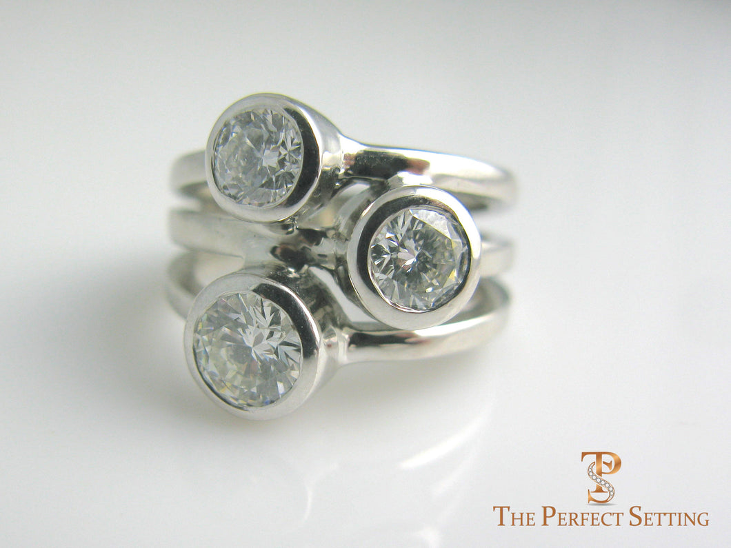 three stone bezel ring diamonds 