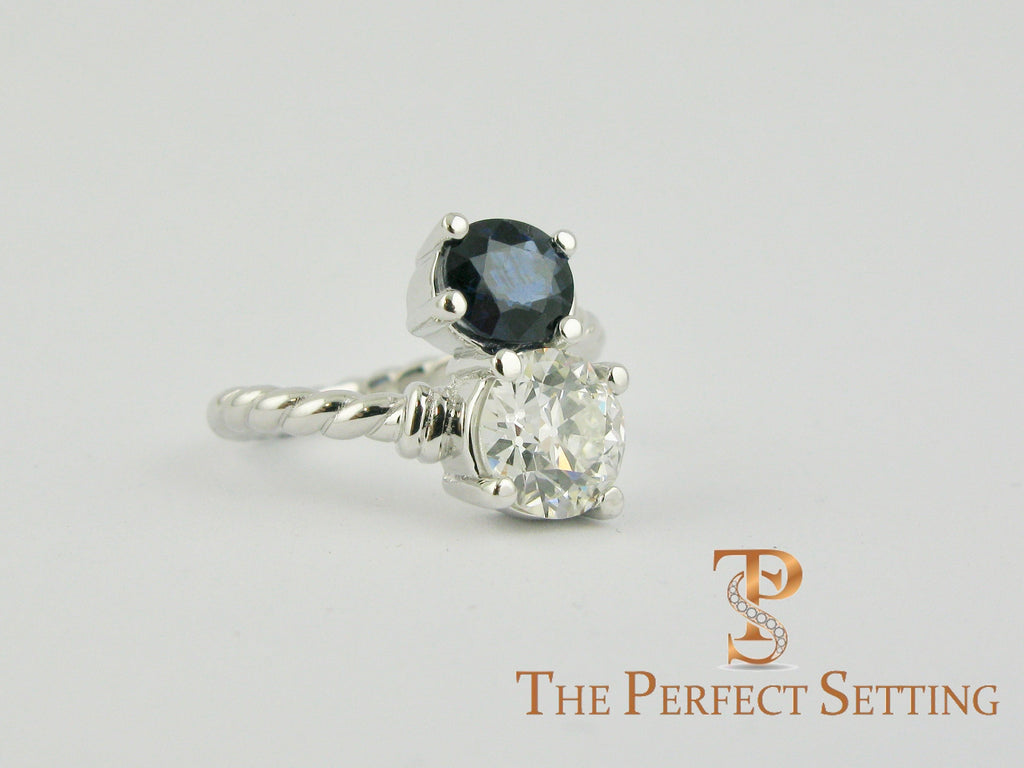 two stone diamond sapphire rope ring righthand finger
